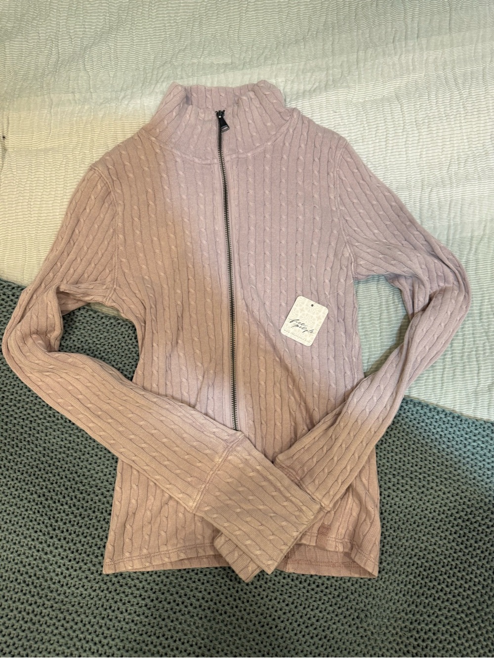 Free People Dusty Pink Cable-Knit Zip Cardigan